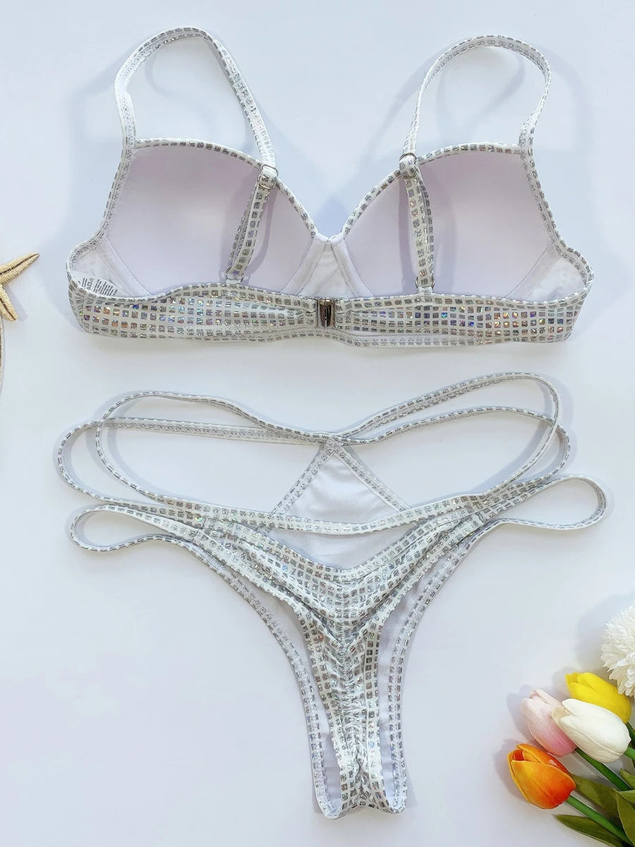 Maillot de bain à paillettes brillantes, soutien-gorge Push up, culotte taille haute, ensemble deux pièces, style brésilien