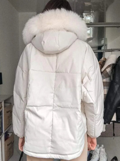 Manteau vraie fourrure de raton laveur à capuche 90% blanc canard pour femmes