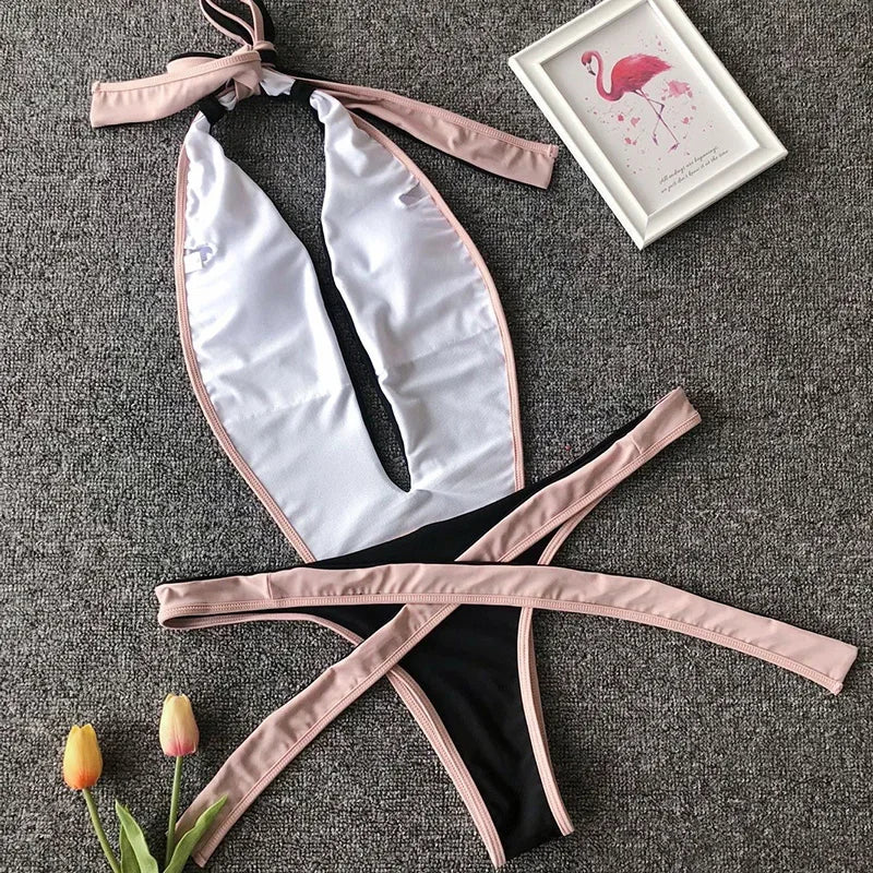 Maillot de bain une pièce, décolleté plongeant en V, dos nu, monokini, coupe haute, rond, pour femmes