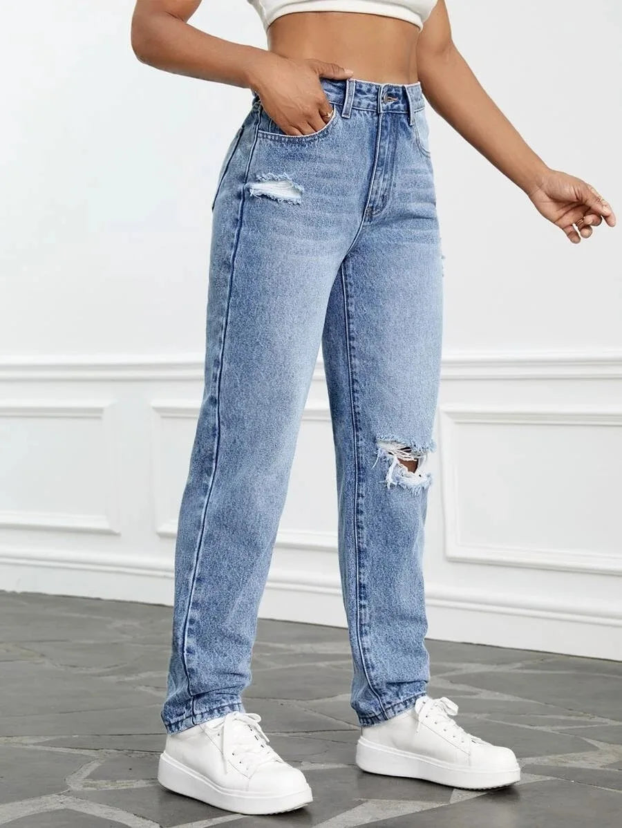 Jeans déchiré taille haute pour femmes mode adt Slim jambe droite