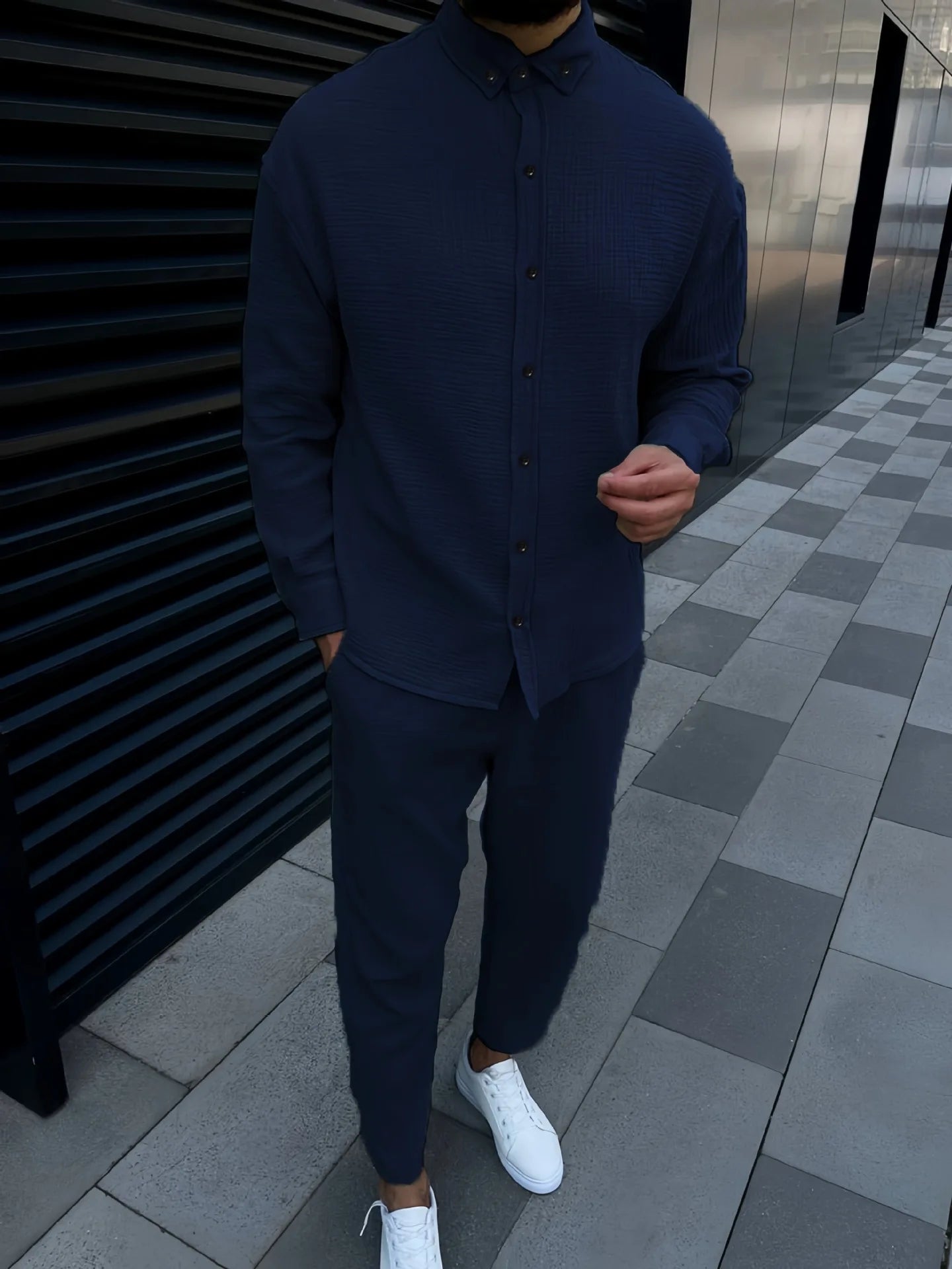 Ensemble chemise décontractée confortable à revers en coton et lin pour hommes