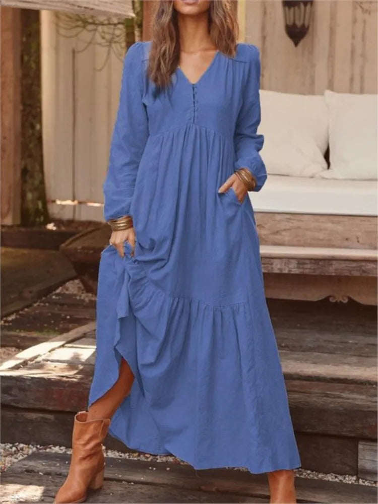 Robe longue pour femmes, ample, mode, col en v, décontractée, couleur unie, manches longues