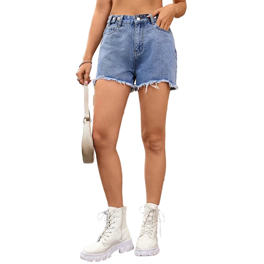 Short en jean décontracté délavé à ourlet frangé pour femmes