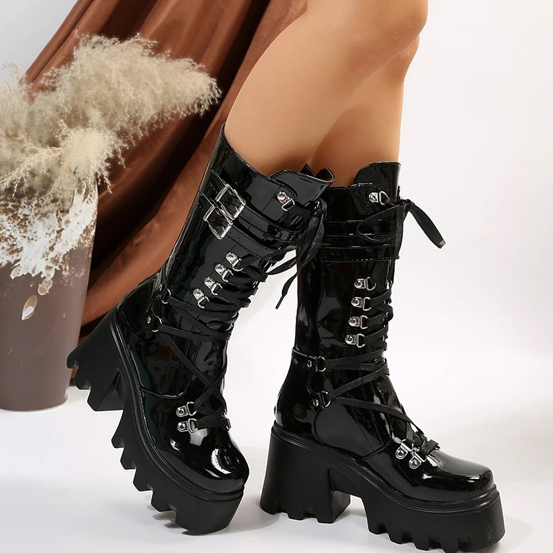 Bottes Punk en cuir verni pour femmes à semelles compensées, mi-mollet, à lacets, talon épais