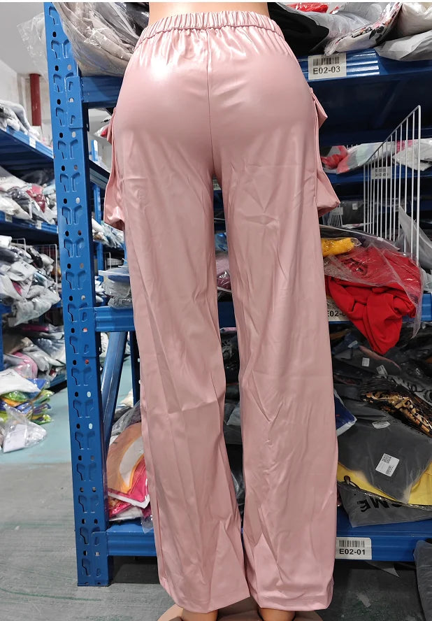 Pantalon décontracté à jambe droite en cuir PU pour femme