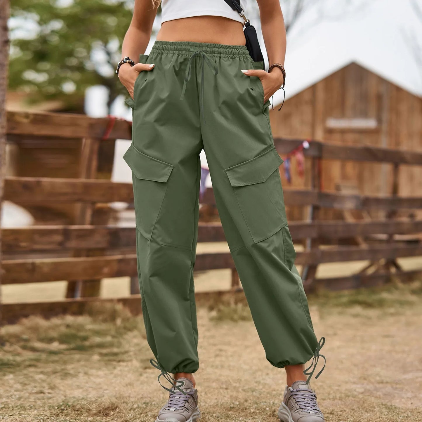 Pantalon cargo taille élastique pour femmes, pantalon décontracté multi-poches