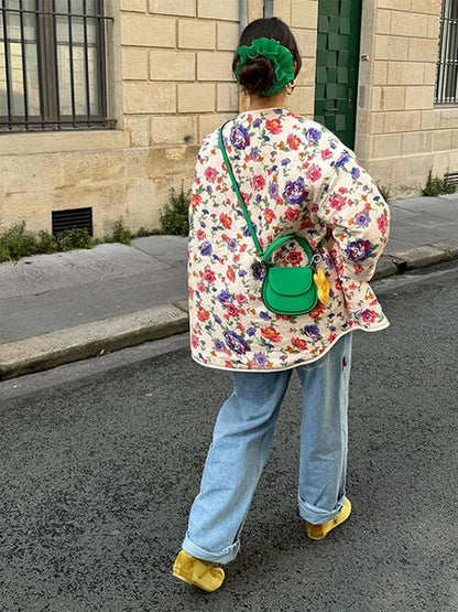 Veste en coton chaud à imprimé vintage pour femmes, manteaux cardigan décontractés à manches longues