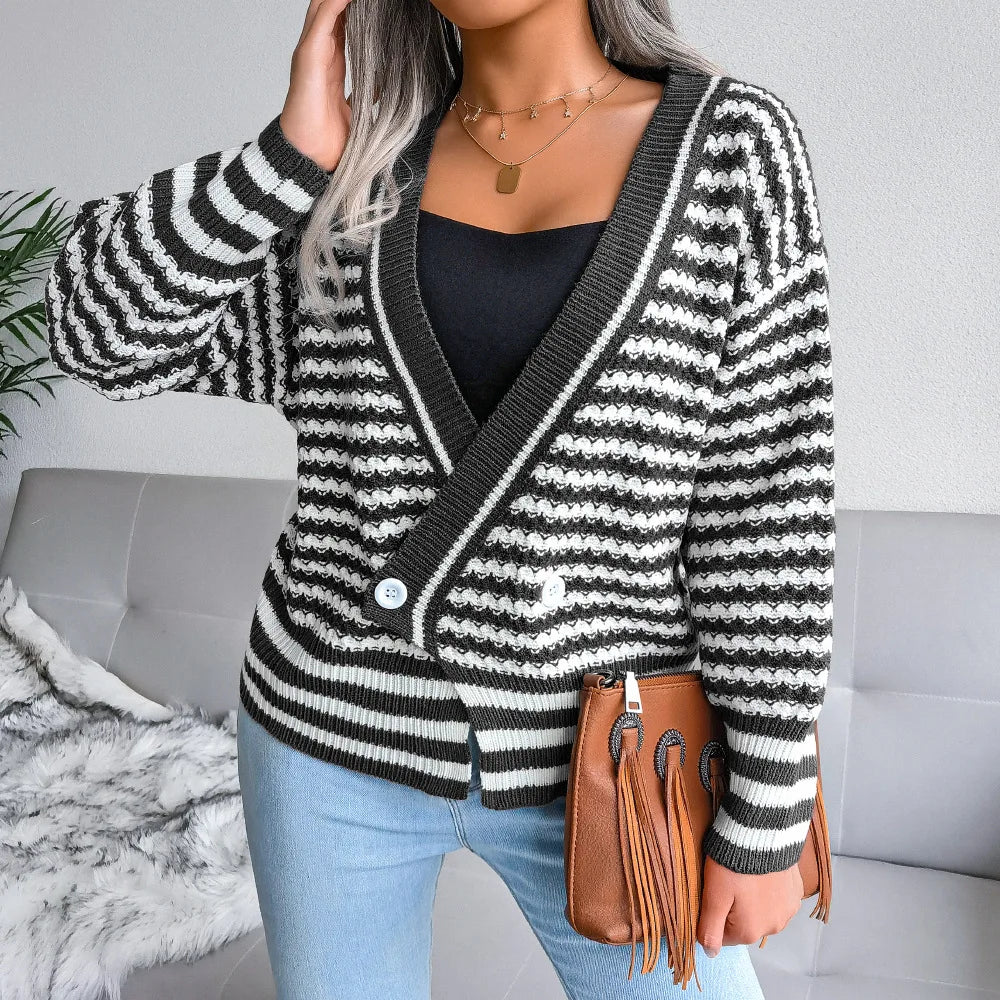 Cardigan tricoté à manches longues et col en v rayé pour femme