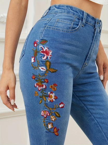 Jeans brodés pour femmes décontracté, slim, longueur cheville, pantalon crayon, taille haute