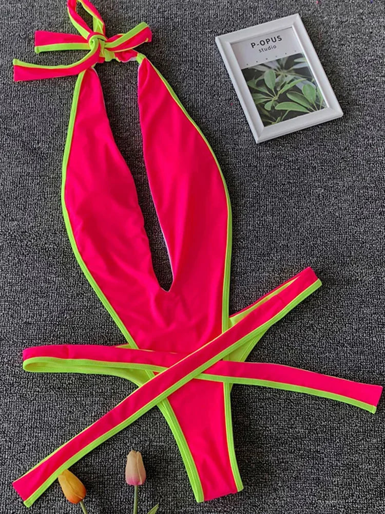 Maillot de bain une pièce, décolleté plongeant en V, dos nu, monokini, coupe haute, rond, pour femmes