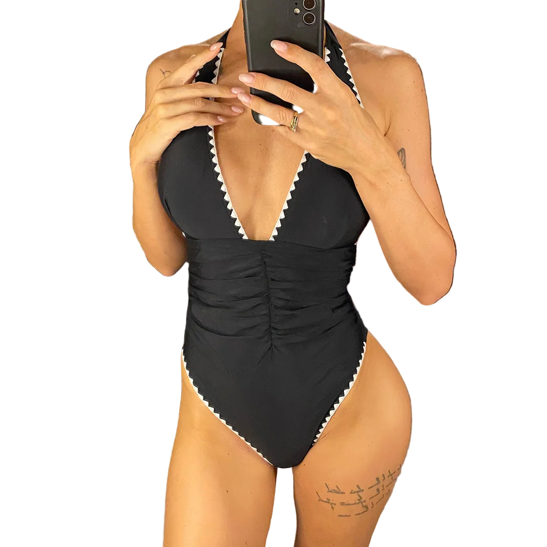 Maillot de bain une pièce froissé à col en V et dos nu pour femmes