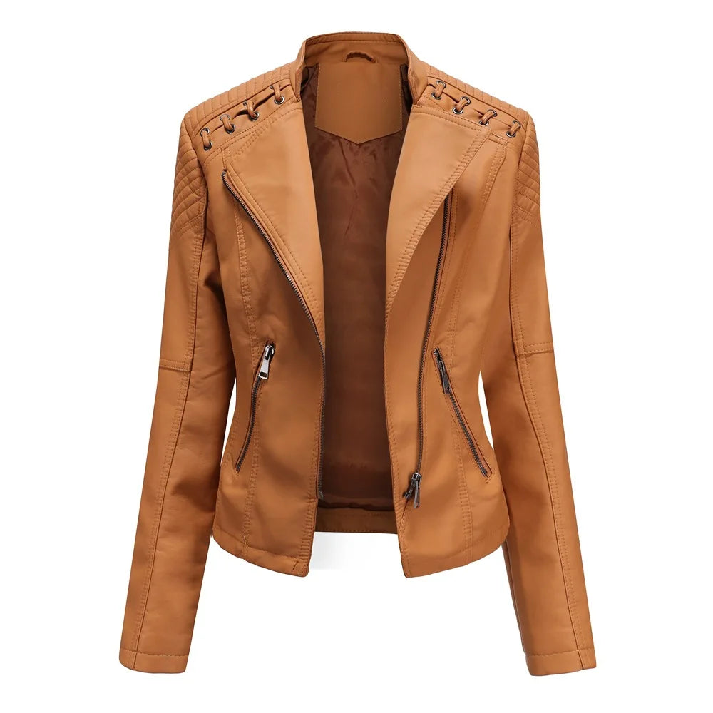 Veste de motard en cuir PU pour femme, manteau court, coupe couvertes, col montant, fermeture éclair