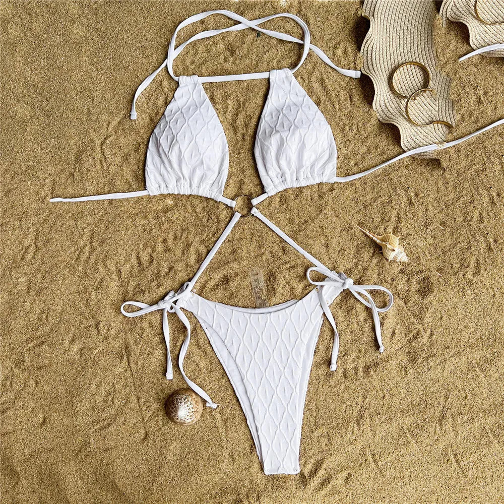 de bain une pièce évider String à lacets pour femmes