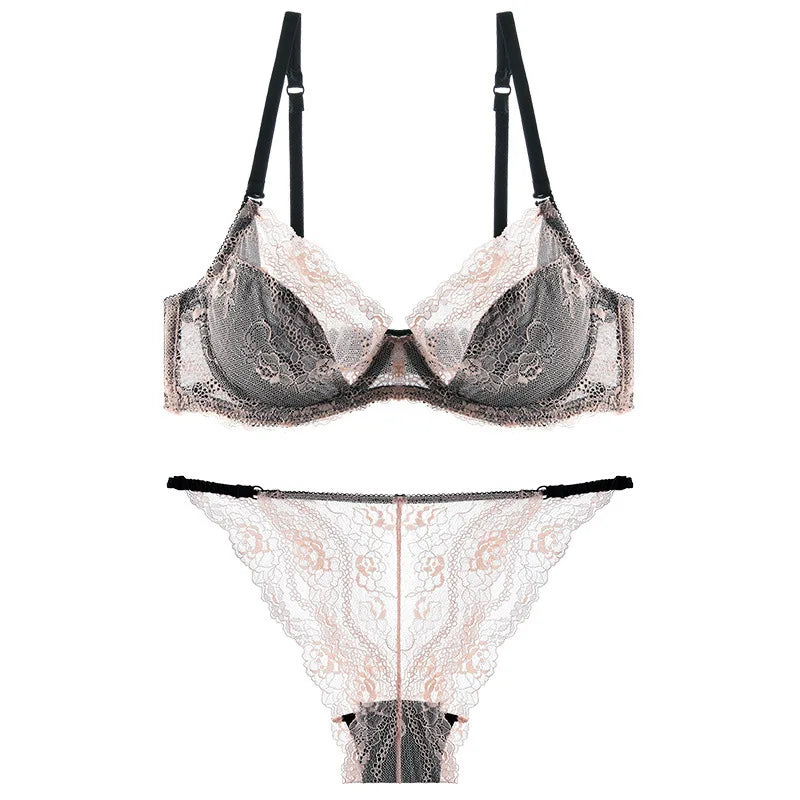 Broderie florale Lingerie Sexy pour femmes Ultra mince Transparent Push Up