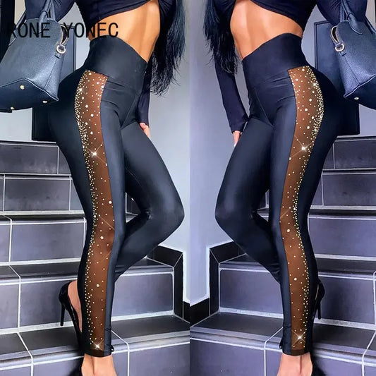 Pantalon crayon noir chic taille haute en maille patchwork strass