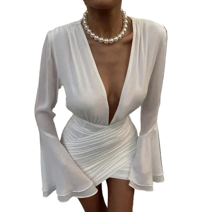 Mini robe col en V profond à manches longues Sexy pour les femmes