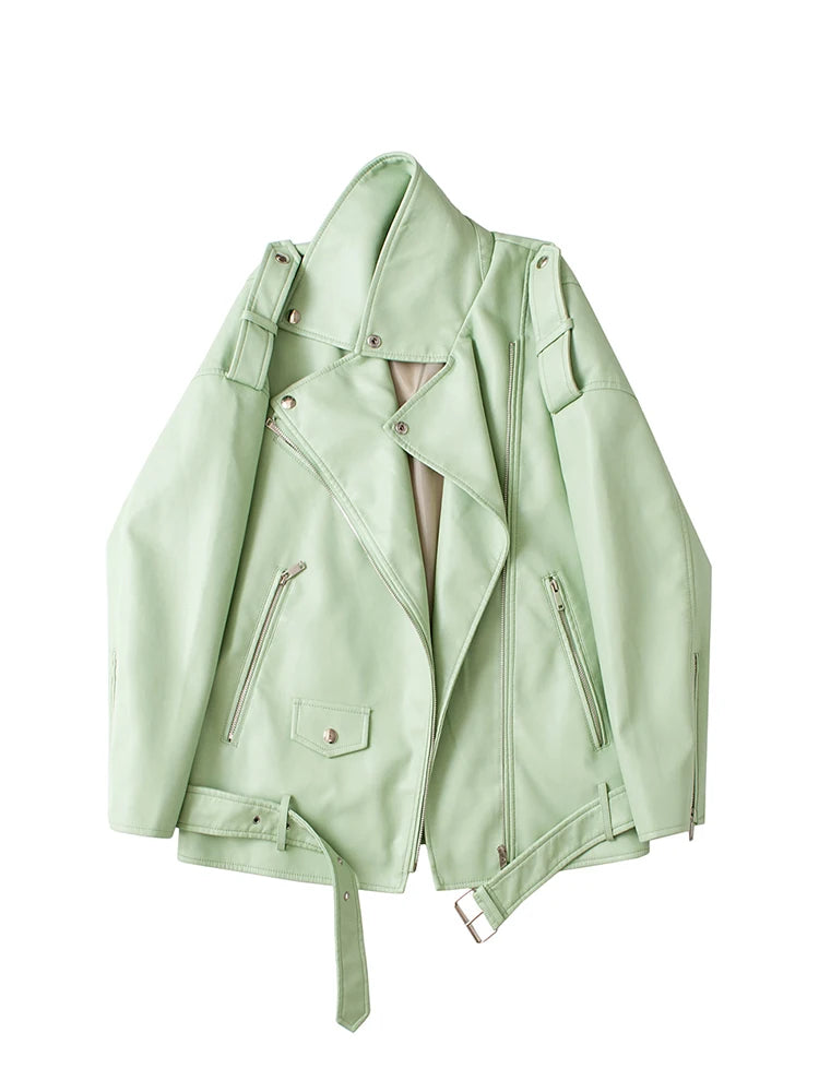 Veste avec ceinture ample fermeture éclair en Faux cuir pour femmes