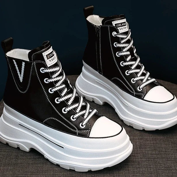 Baskets à semelles compensées en cuir véritable pour femmes