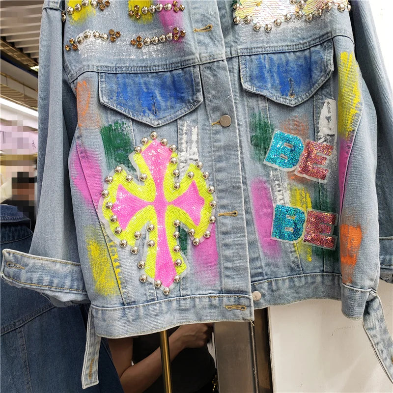 Veste en jean à paillettes multicolores pour femme