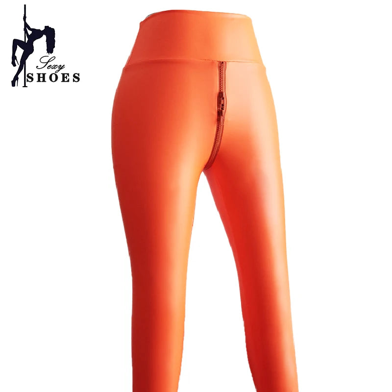 Leggings moulants sexy pour femmes, taille haute, en cuir PU, extensible, slim à double fermeture éclair, entrejambe ouvert,