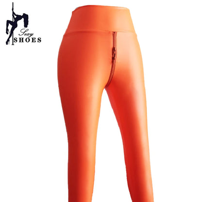 Leggings moulants sexy pour femmes, taille haute, en cuir PU, extensible, slim à double fermeture éclair, entrejambe ouvert,