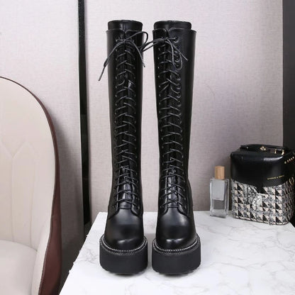 Bottes hautes en cuir et microcarence pour femme, 12cm, semelle compensée, peluche, fermeture éclair