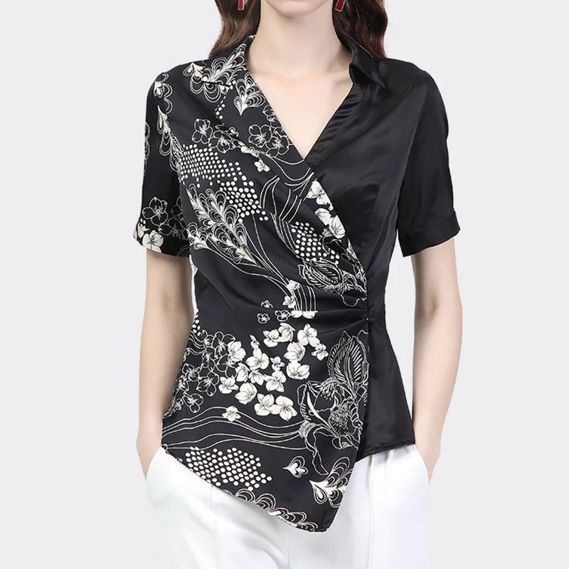 Chemise en Satin à boutons asymétriques, imprimé Floral, col en v, manches courtes pour femmes