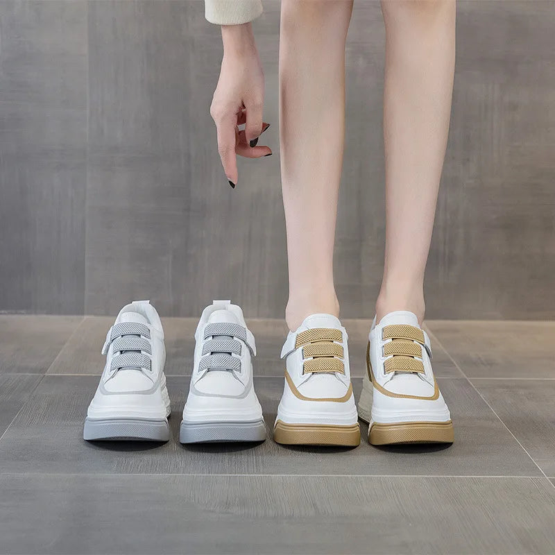 Baskets à plate-forme compensée en cuir véritable pour femmes