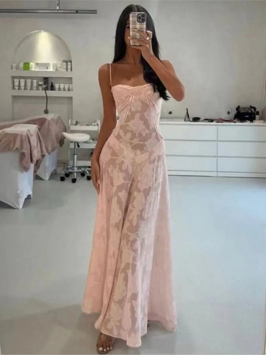 Robe longue en dentelle ajourée pour femmes, bretelles Spaghetti, coupe basse