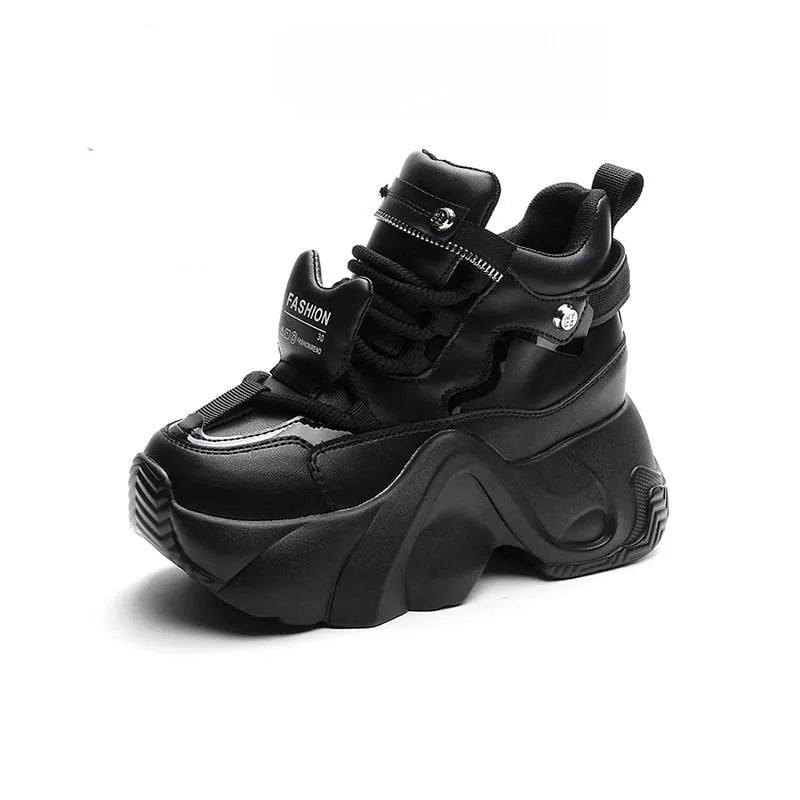 Baskets à plateforme haute en cuir véritable compensés de 8 cm, à lacets pour femmes