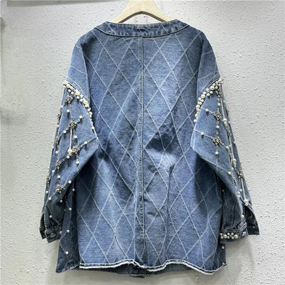 Veste en jean mi-longue à perles et diamants pour femme