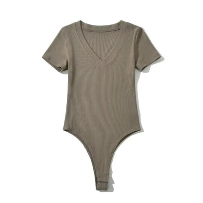 Body tricotée pour femme, manches courtes, col en V, extensible