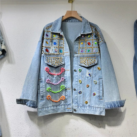 Veste en jean à rivets multicolores pour femme