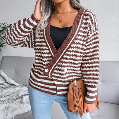 Cardigan tricoté à manches longues et col en v rayé pour femme