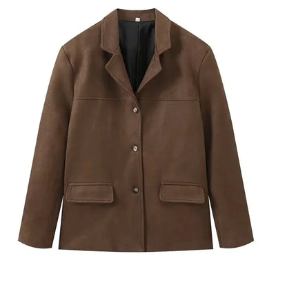 Veste Rétro Marron à Revers avec Poche pour Femme