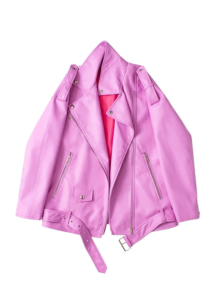 Veste avec ceinture ample fermeture éclair en Faux cuir pour femmes