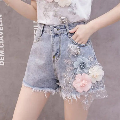 Short en jean pour femme, coupe ample, slim, taille haute, perforé