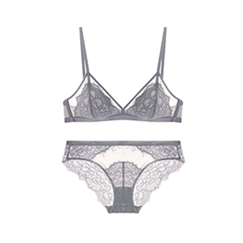 Ensemble de Lingerie Sexy en dentelle pour femmes, sous-vêtements français sans anneau en acier, Triangle, bonnet 3/4, soutien-gorge froncé, slip