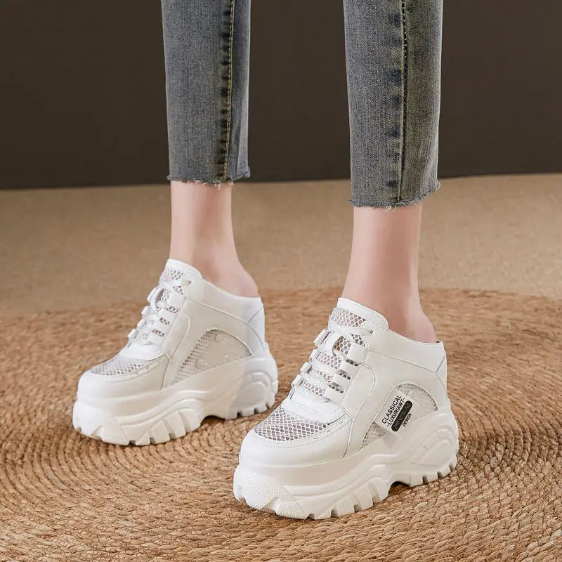 Baskets à compensée en cuir véritable pour femme