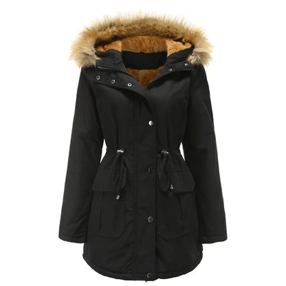 Vestes pour femmes Parkas mode femme vêtements longs manteaux doublure en laine à capuche mince avec col en fourrure