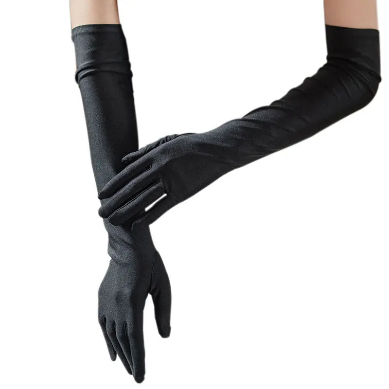 Gants longs en satin pour femmes, gants de doigt noirs,