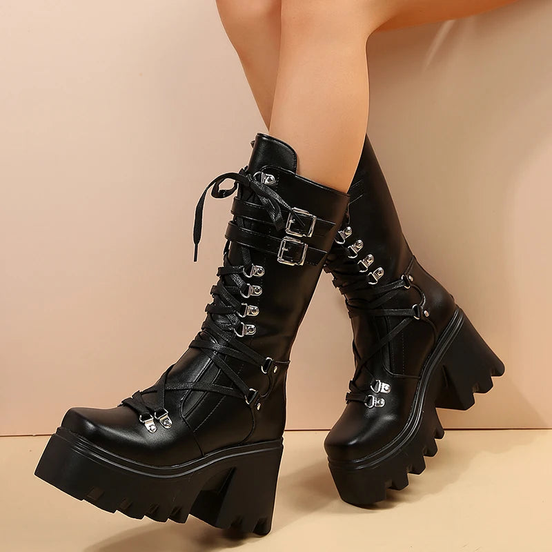 Bottes Punk en cuir verni pour femmes à semelles compensées, mi-mollet, à lacets, talon épais