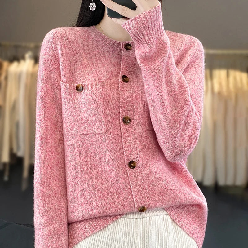 Pull cardigan en laine avec poches pour femmes, col rond, haut à manches longues