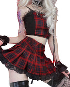Jupe plissée à carreaux en dentelle contrastée, style vintage pour femmes