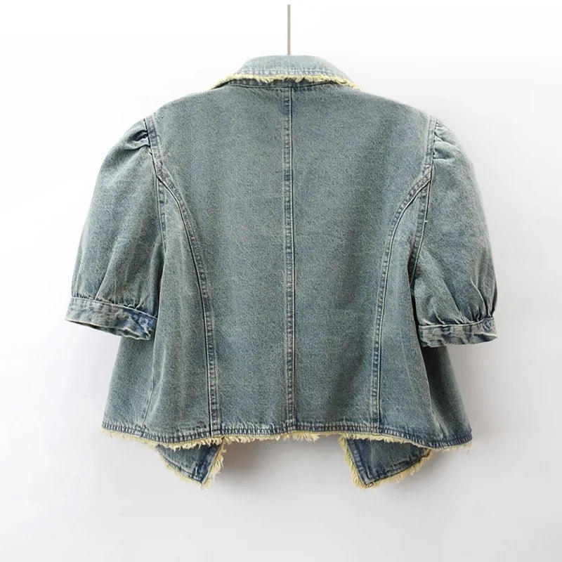 Veste en jean à manches bouffantes bleu clair vintage pour femme