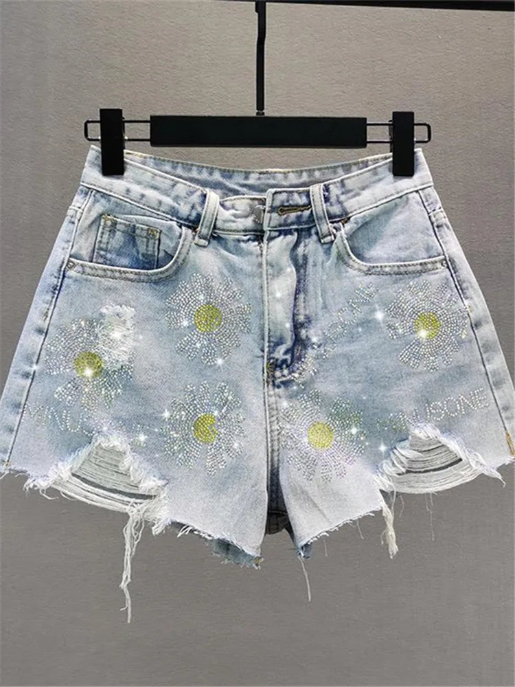 Short en jean court pour femme, taille haute, avec pompon