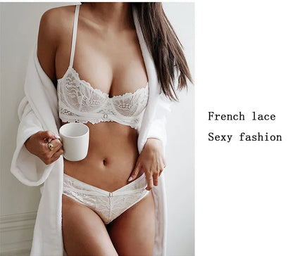 Ensemble de Lingerie Sexy en dentelle française brodée, ensemble de sous-vêtements pour femmes, Bralette fine Push Up, soutien-gorge et culotte en V profond