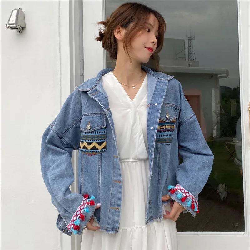 Veste en jean à paillettes brodées style bohème pour femme