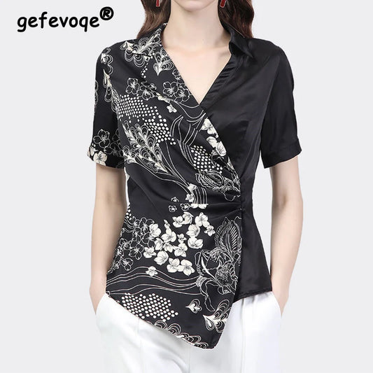 Chemise en Satin à boutons asymétriques, imprimé Floral, col en v, manches courtes pour femmes