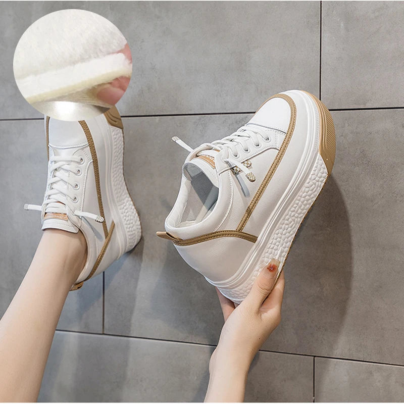 Basket compensées en cuir véritable pour femme